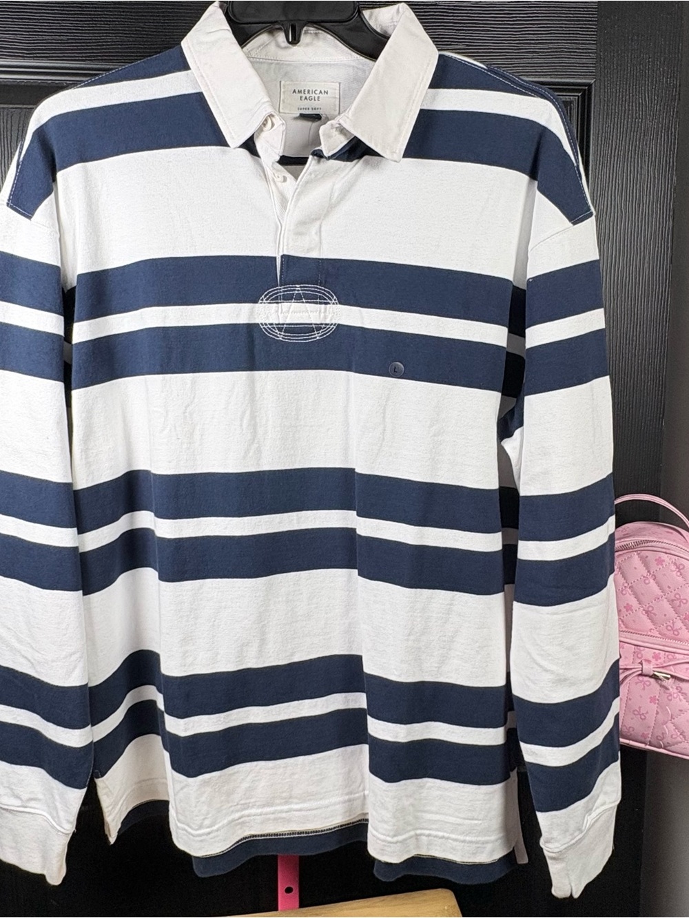 American Eagle Outfitters Navy and White Striped Rugby Shirt
